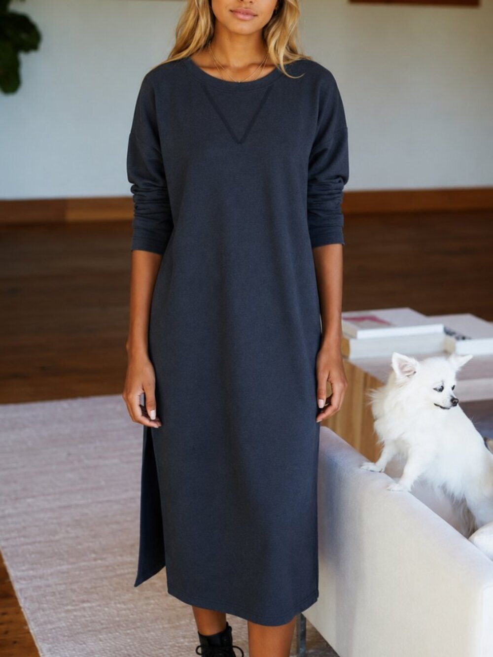 Emerson Fry Lake Blue Cozy Long Sleeve Midi Dress Size Medium 8260